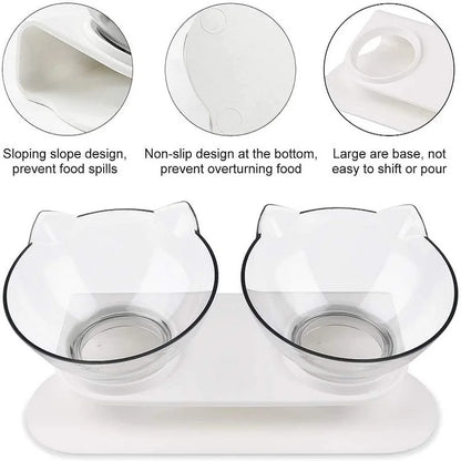 Elevated non-slip cat bowl set with angled dual bowls for food and water