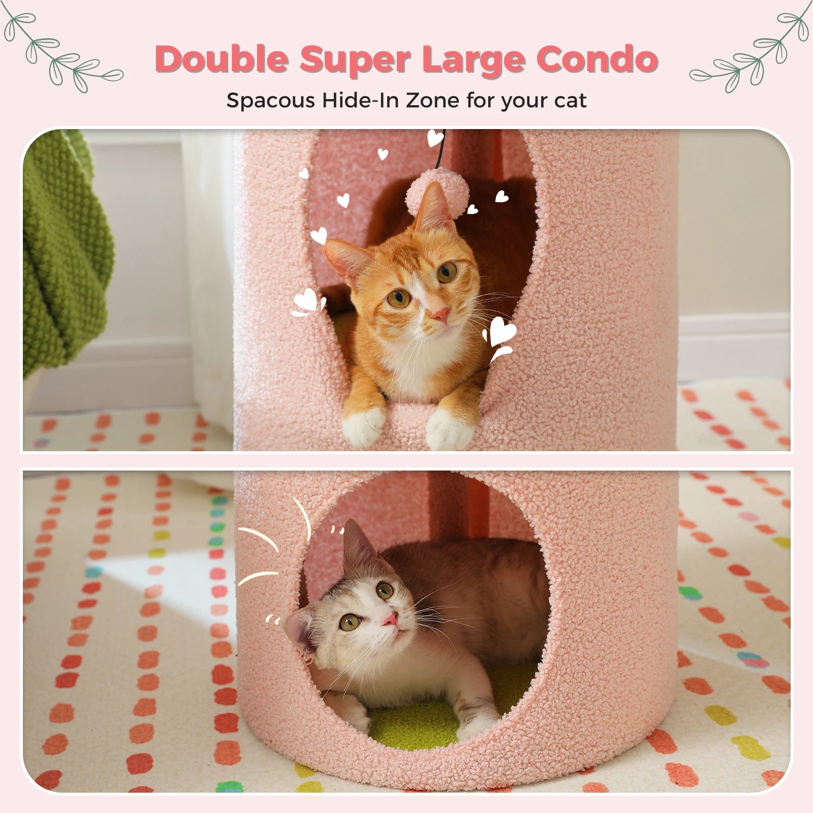 Double-deck cat house with cozy condos, luxury flower perch, and pompom ball for indoor cats.