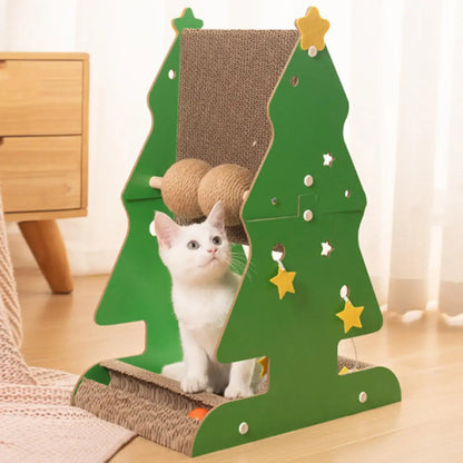 Holiday-themed sisal scratching tree for cats with Christmas design and cardboard toys.