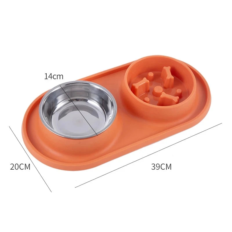 Dual dog and cat feeding bowl with anti-choking design, stainless steel bowls, and non-slip silicone mat for convenient feeding