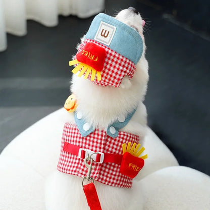 Fries-themed puppy harness set with matching hat and leash, ideal for small dogs on walks and outings.