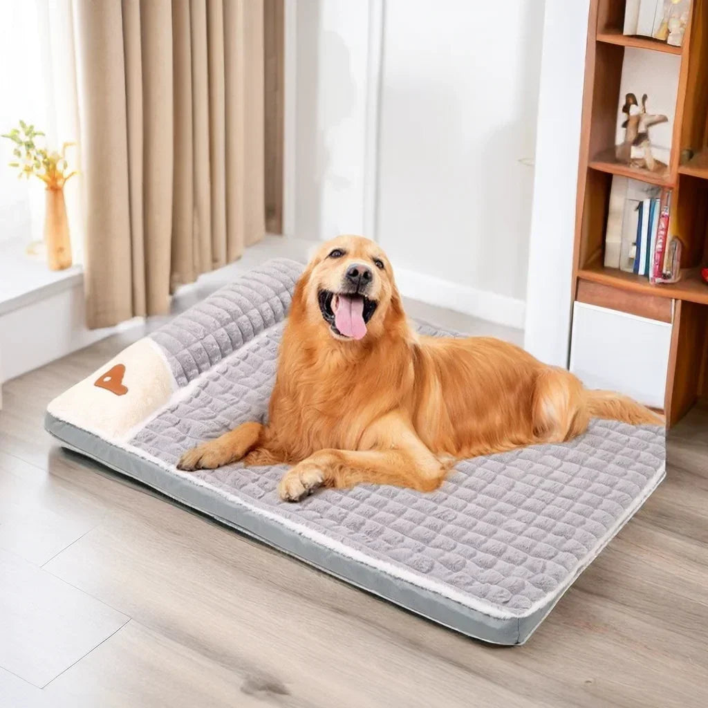 Thickened pet bed mat with plush fabric, washable cover, and anti-slip base, providing winter warmth for cats and dogs.