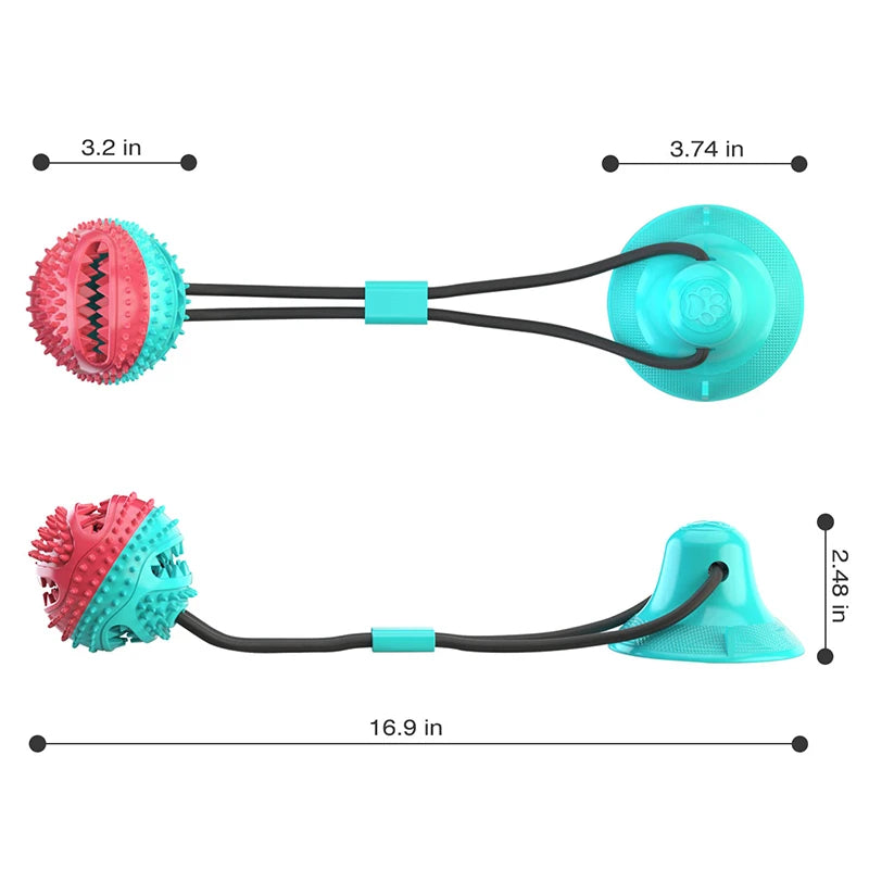 Interactive dog chew toy with suction cup and food dispensing features, designed for medium and large dogs.