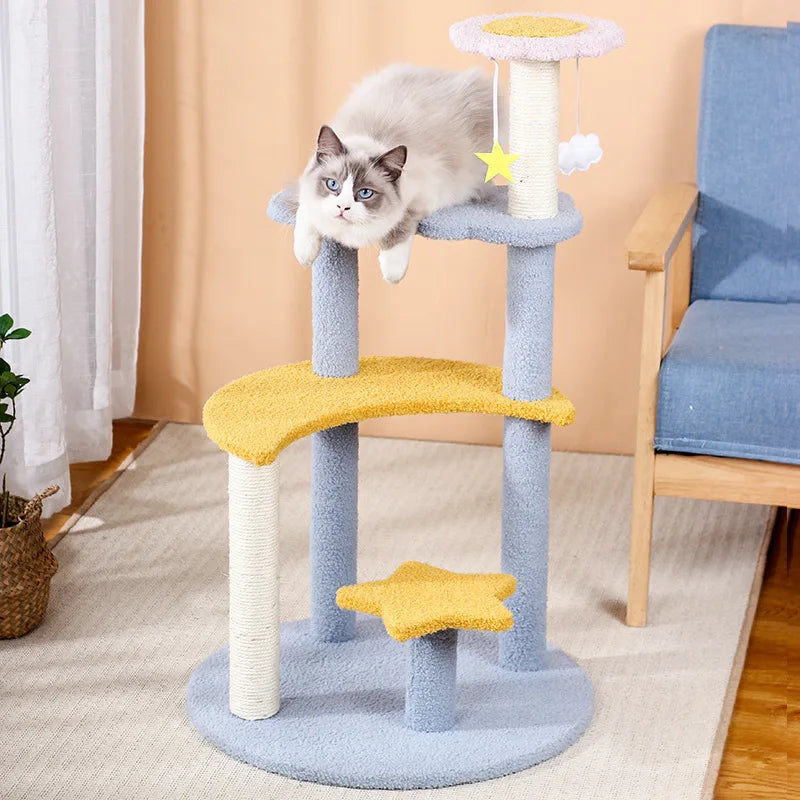 Cute kitten tree tower with multi-level design and sisal-covered scratching posts for cats.