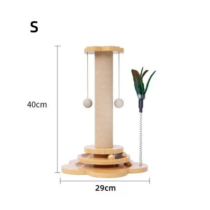 Wooden interactive cat turntable toy with rotating ball track and built-in sisal scratching board.