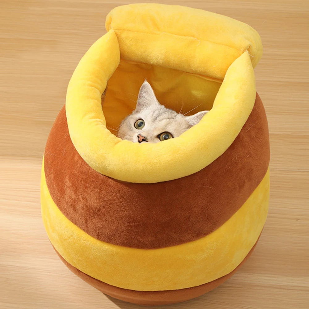 Soft plush cat bed in honey pot design with removable cushion for small cats