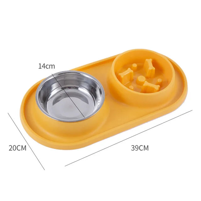 Dual dog and cat feeding bowl with anti-choking design, stainless steel bowls, and non-slip silicone mat for convenient feeding