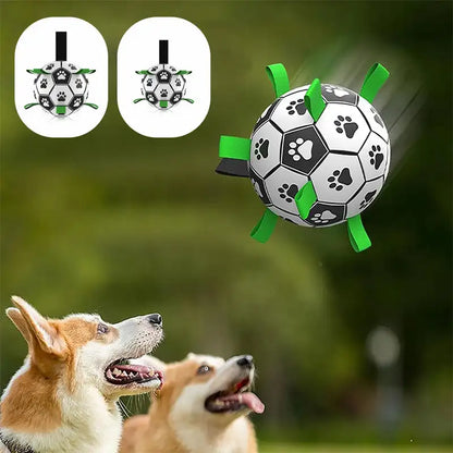 Durable dog soccer toy with high-stretch material for active play and chewing