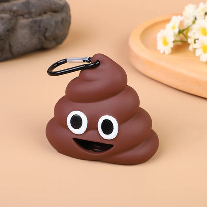 Poop-shaped pet waste bag dispenser clipped to a dog leash