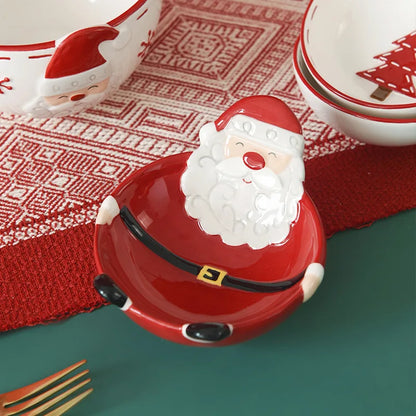 Christmas-themed ceramic pet bowl with Santa Claus, elk, and tree designs, perfect for food or water