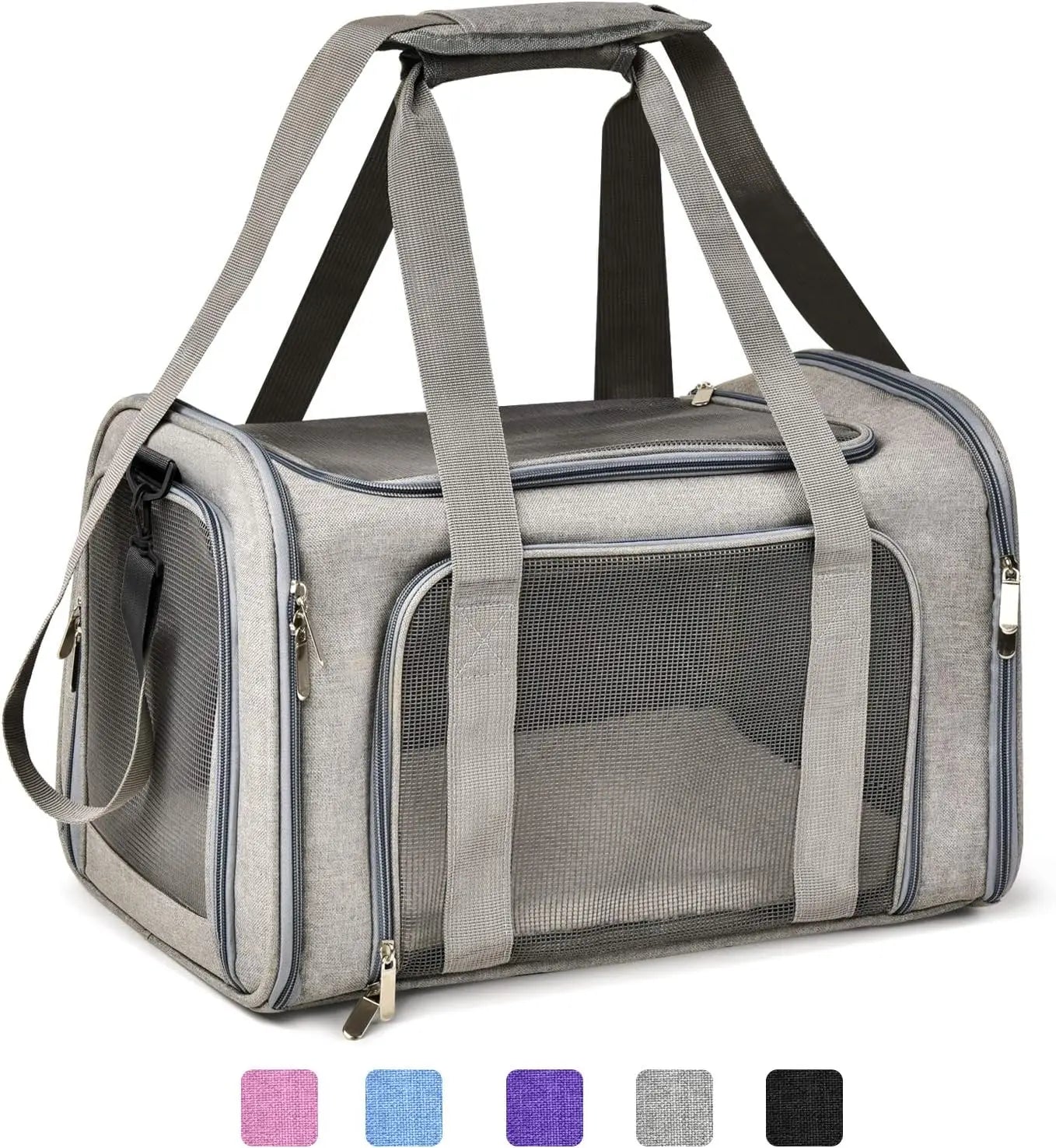 Airline-approved portable cat bag tote with breathable mesh panels, adjustable straps, and foldable design for easy travel and storage.