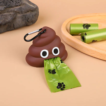 Poop-shaped pet waste bag dispenser clipped to a dog leash