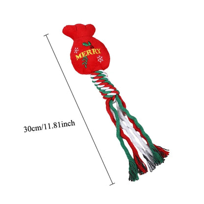 Christmas-themed squeaky dog toy with cotton rope knot for small dogs and puppies