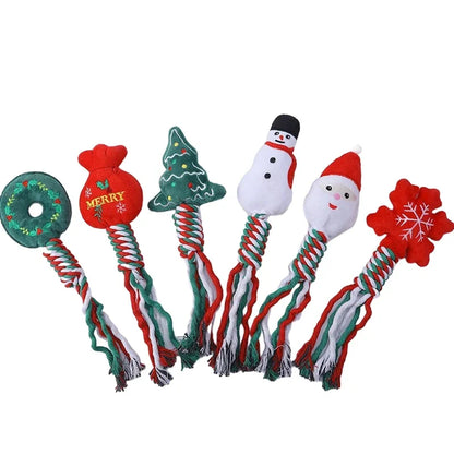 Christmas-themed squeaky dog toy with cotton rope knot for small dogs and puppies