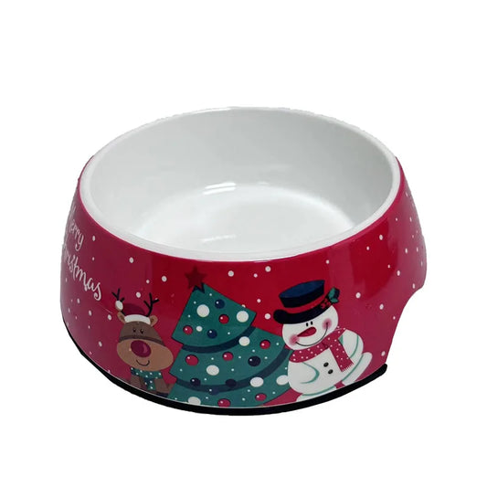 Christmas-themed double-layer stainless steel pet bowl for cats and dogs, perfect for food and water.