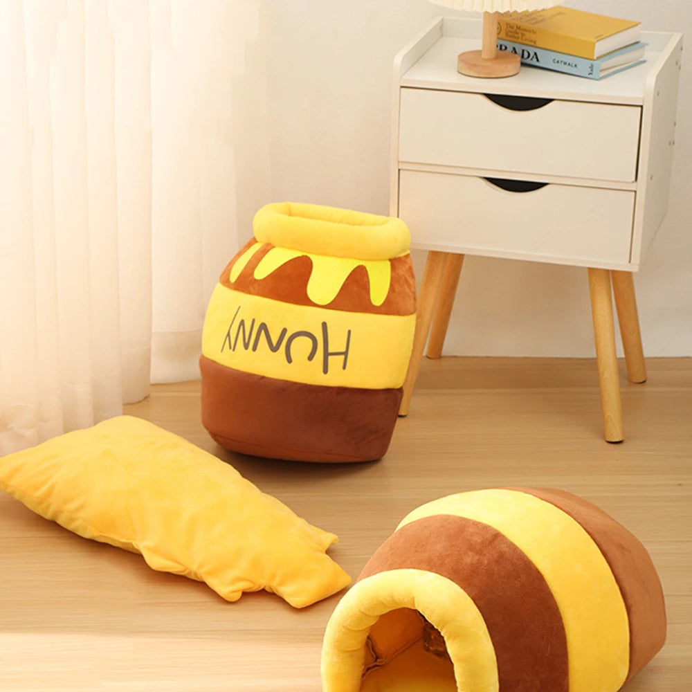 Soft plush cat bed in honey pot design with removable cushion for small cats