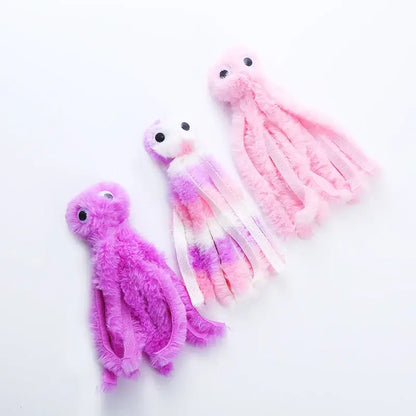 Cute octopus plush toy for cats, soft and durable with dangling tentacles, designed for biting, pouncing, and cuddling.