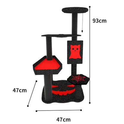 Halloween-themed cat climbing frame with multi-level platforms and scratching posts for play and exploration
