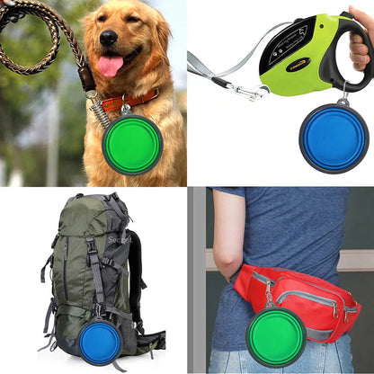 Collapsible silicone dog bowl for travel, camping, and hiking, lightweight and portable for outdoor pet feeding.