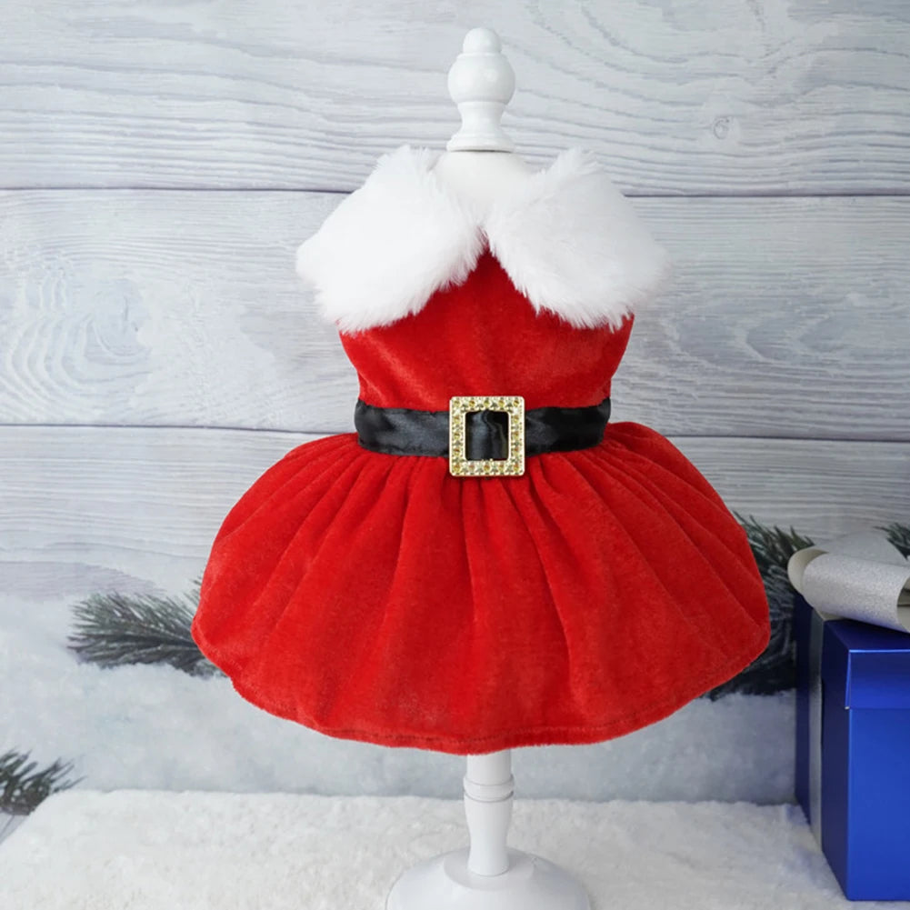 Festive Christmas dress for small dogs and cats, featuring a red skirt and glittering belt for holiday celebrations.