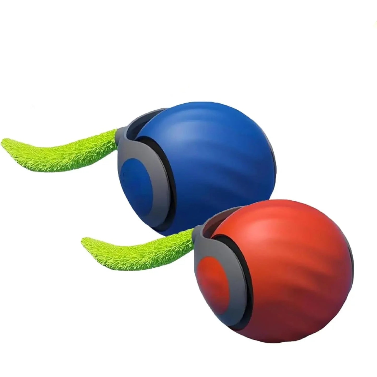 Interactive pet ball collection featuring blue and red designs with plush tails, perfect for cats and dogs.