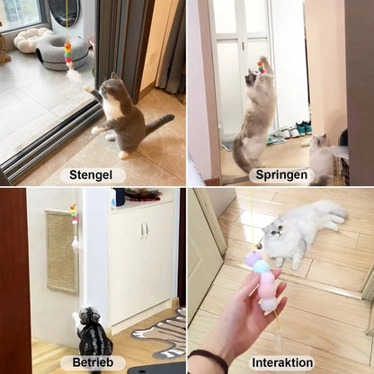 Interactive cat toy with automatic telescopic teaser and bell for indoor play