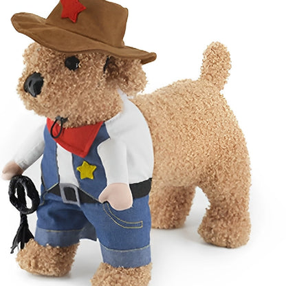 Pet dressed in a denim cowboy jacket and cowboy hat for Halloween or costume parties