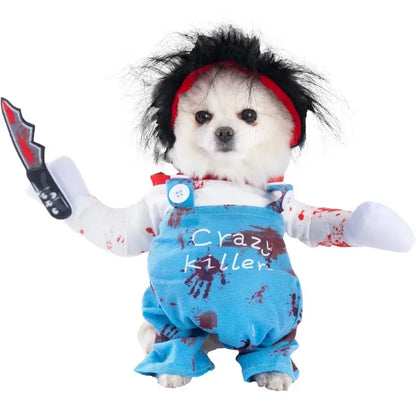 Dog wearing a Halloween costume with foam dagger and stuffed body design.
