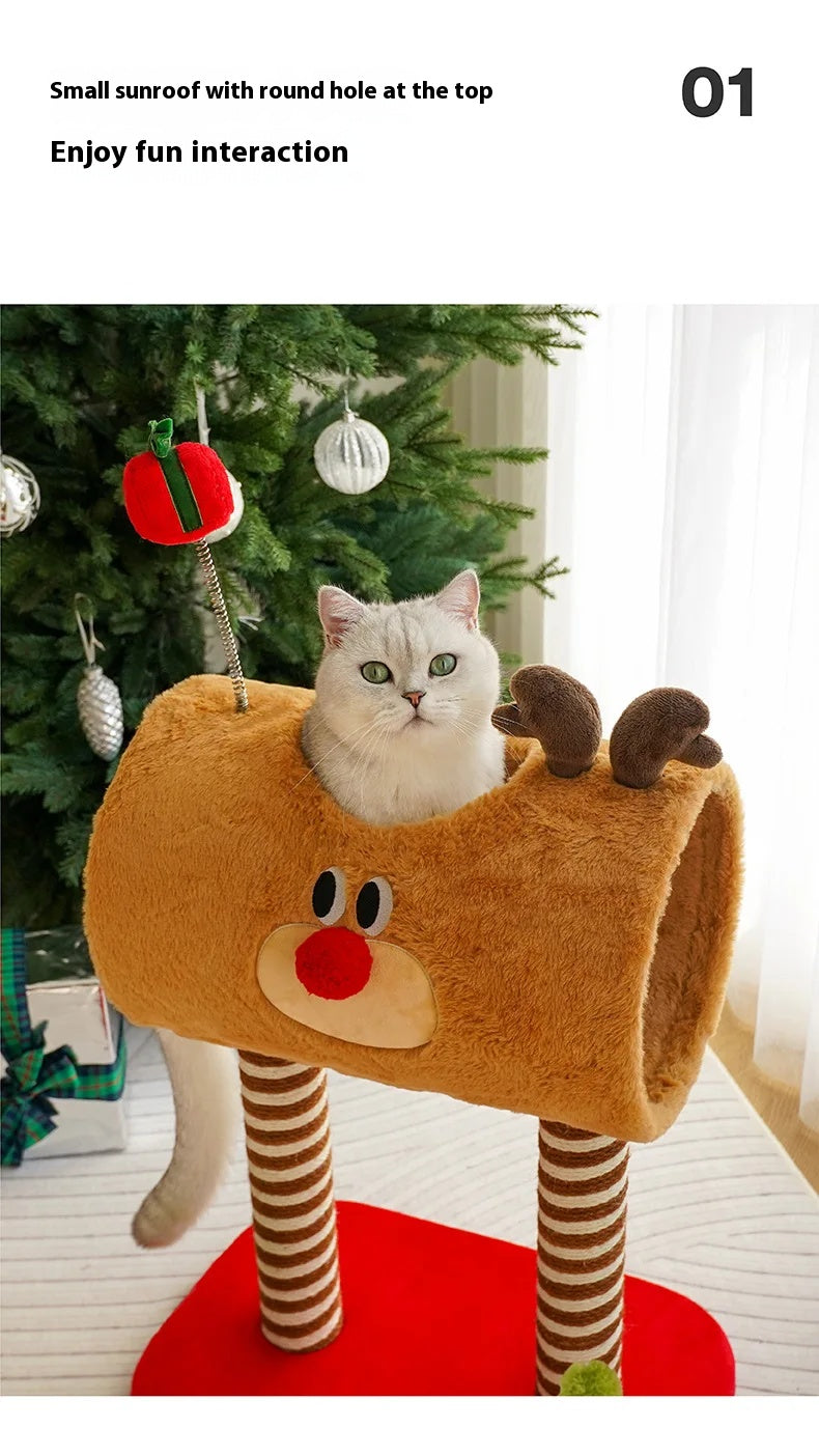 Christmas-themed cat climbing frame with cozy sleeping nest and sisal scratching posts.