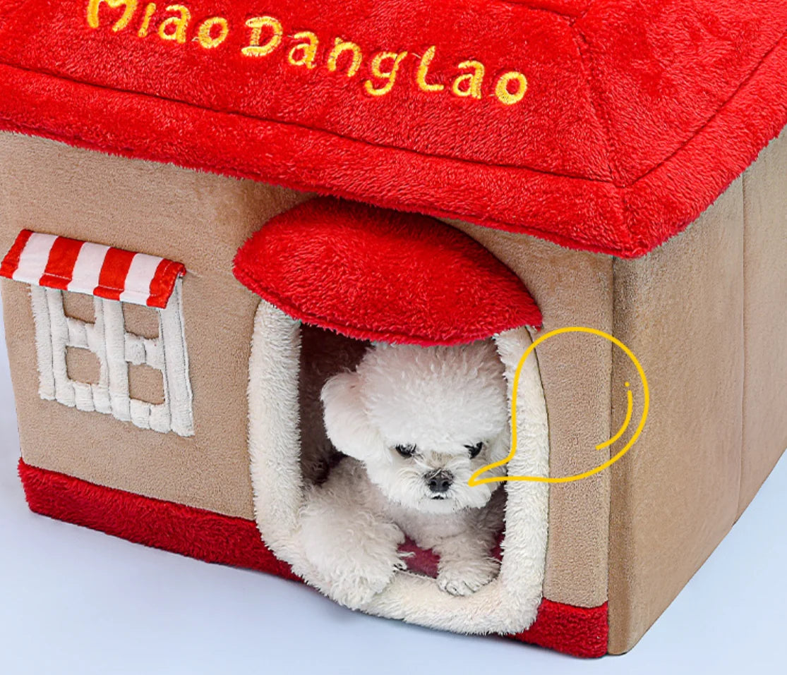 Removable enclosed pet cave for cats and small dogs, perfect as a winter dog house or cozy cat bed.