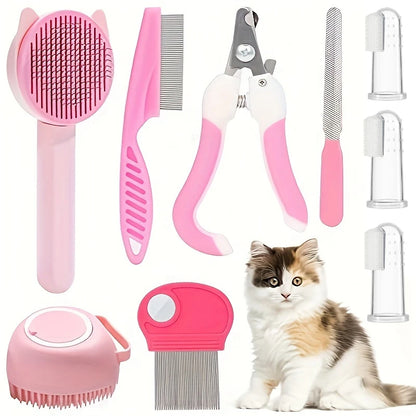8-piece cat grooming kit with nail clippers, self-cleaning brushes, and flea comb for cats and small dogs.