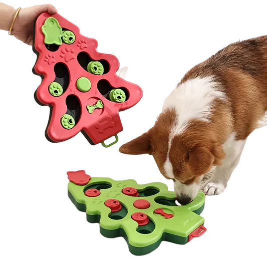 Christmas tree-shaped slow feeder bowl for cats and dogs, interactive puzzle design with a non-slip base.