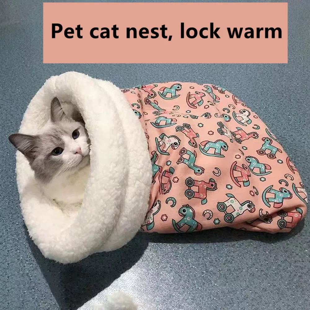 Plush cat sleeping bag with thickened design, providing warmth and comfort for kittens and puppies in winter.