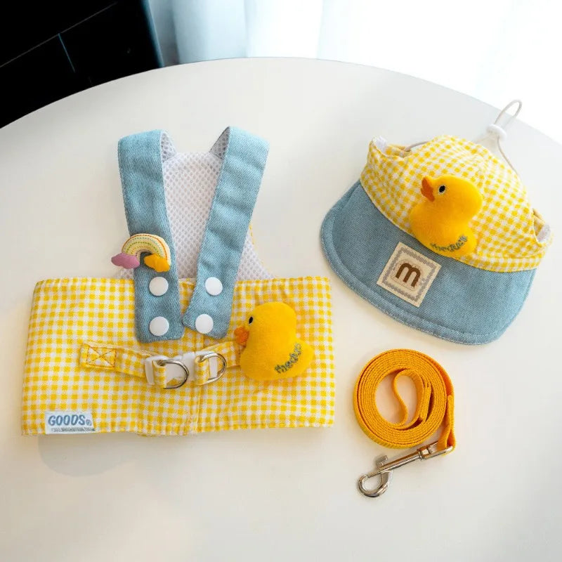 Fries-themed puppy harness set with matching hat and leash, ideal for small dogs on walks and outings.