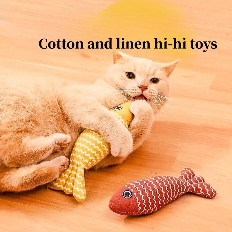 Teeth grinding catnip fish toy for cats, plush and interactive with vocal features to enhance playtime and promote dental health.