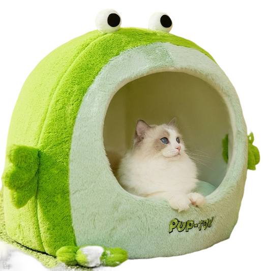 Plush semi-closed cat nest for warmth in winter, suitable for cats and small dogs.