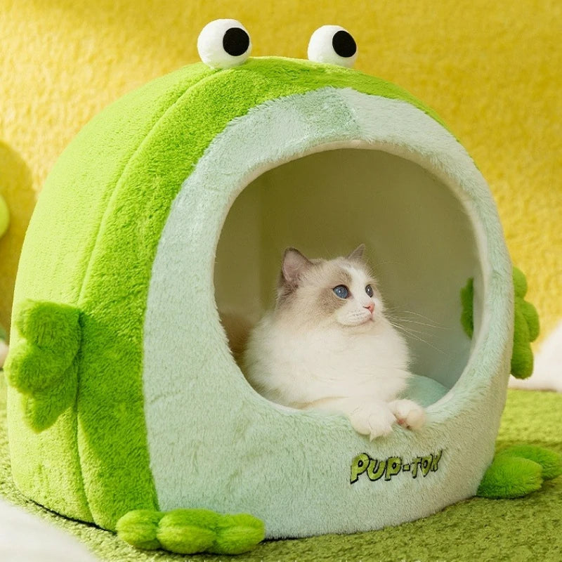 Plush semi-closed cat nest for warmth in winter, suitable for cats and small dogs.