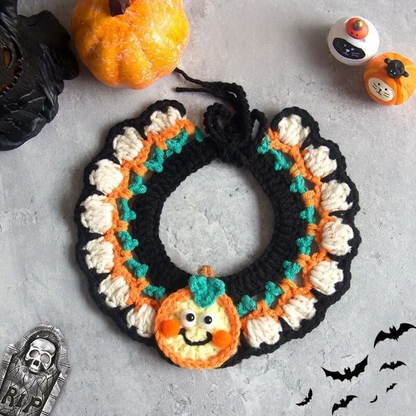 Hand-knit Halloween Pet Collar Bib for cats and dogs, perfect for adding a spooky touch to Halloween costumes.