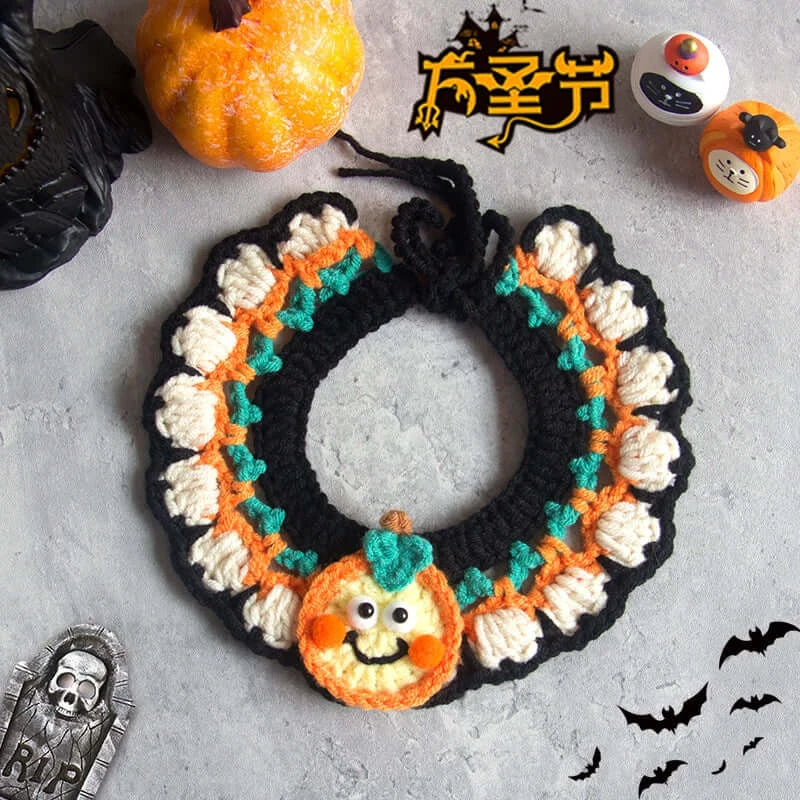 Hand-knit Halloween pet collar bib featuring ghost designs, perfect for dressing up cats and dogs during the spooky season.