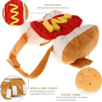 Dog wearing a hot dog costume with bun and mustard design for Halloween
