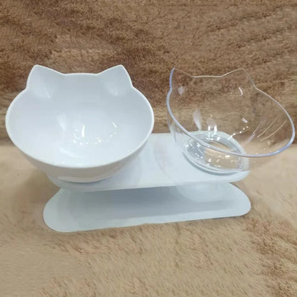 Elevated non-slip cat bowl set with angled dual bowls for food and water.