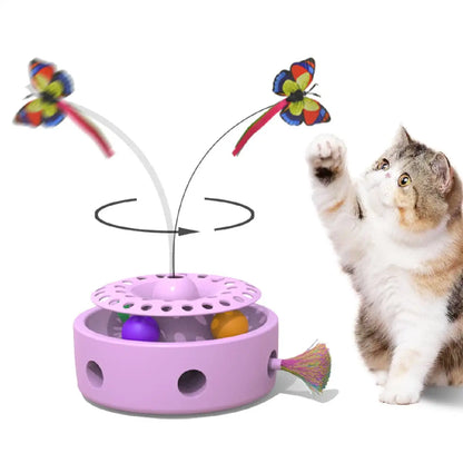 Smart electronic 3-in-1 cat toy with butterfly, feather, and rotating play