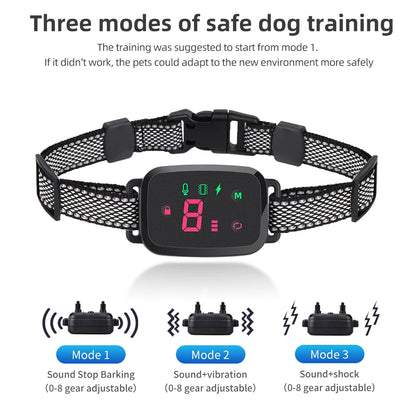 Rechargeable waterproof anti-bark dog collar with sound and vibration correction and HD display for humane training.