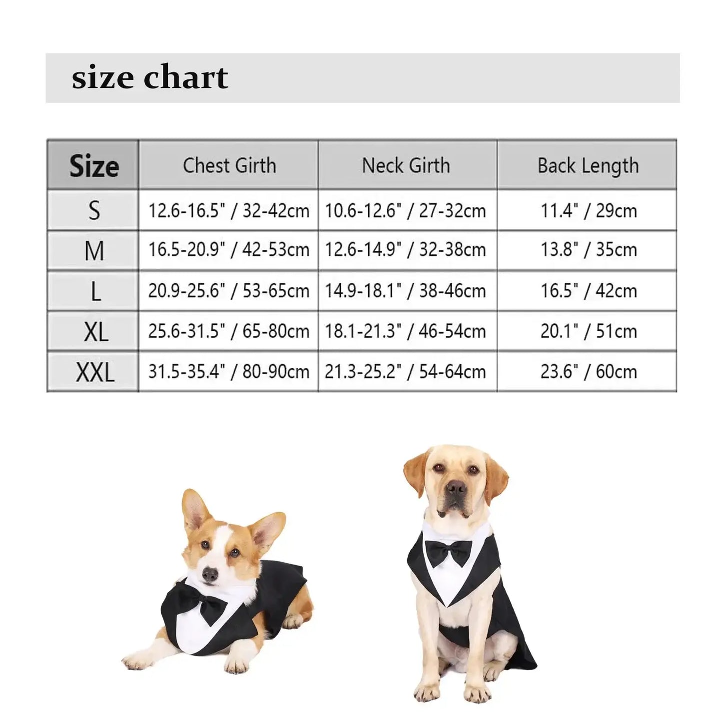 Pet dog formal tuxedo suit with bow and buttons for weddings, parties, and special events – available in various sizes for small to large dogs.