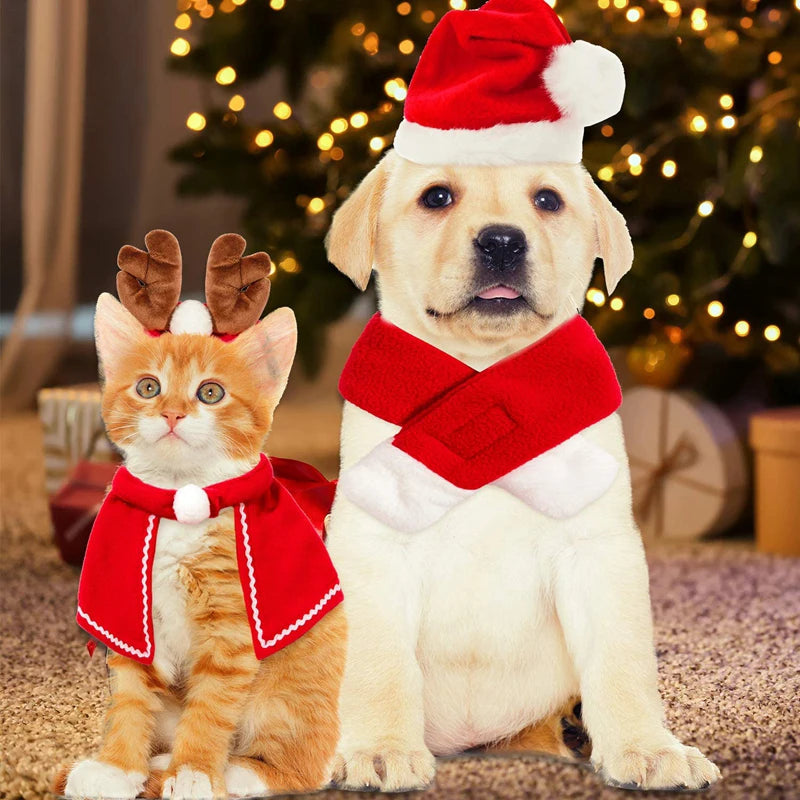 Cat Christmas costume set with reindeer antlers, Santa hat, red scarf, and pet cloak for holiday celebrations.