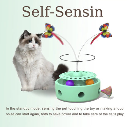 Smart electronic 3-in-1 cat toy with butterfly, feather, and rotating play