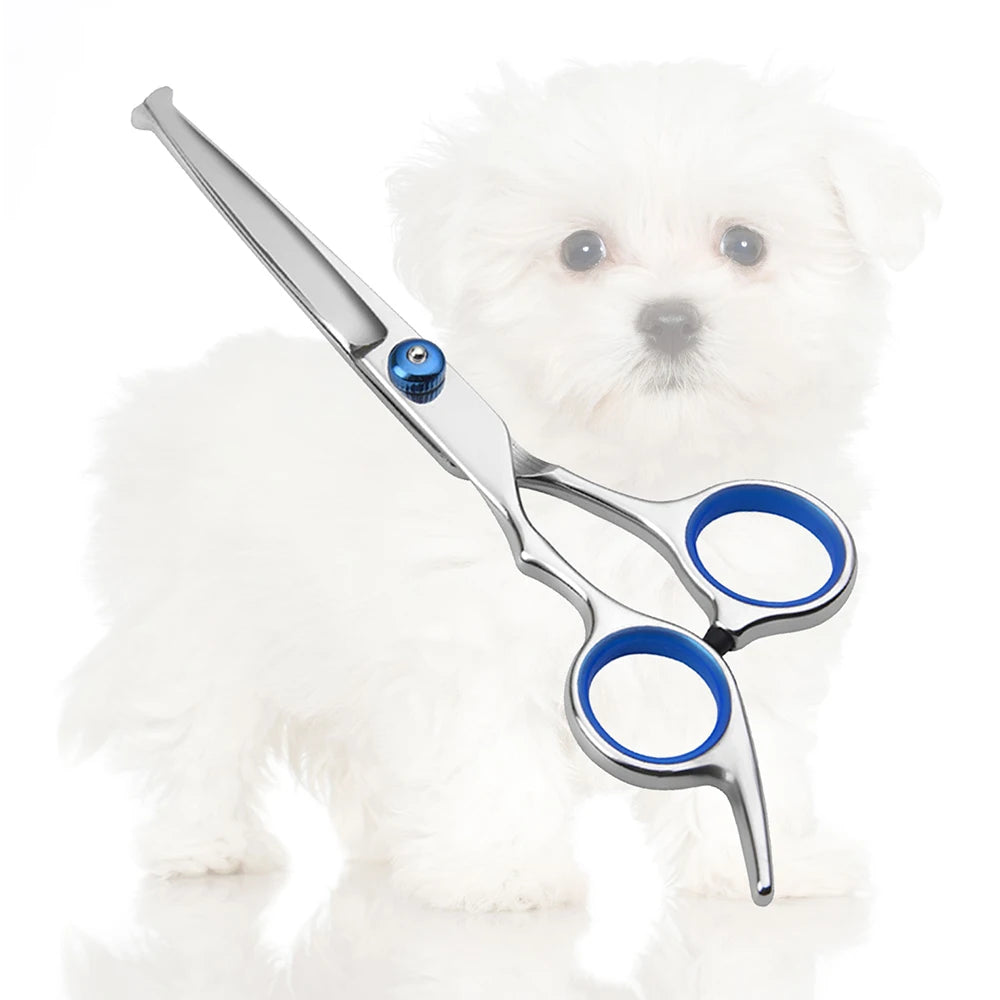 Professional pet grooming scissors set with stainless steel clippers and safety scissors for cats and dogs.