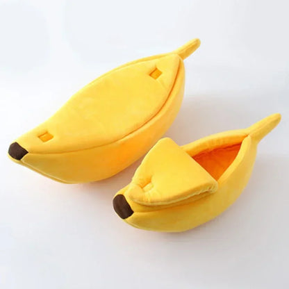 Large banana-shaped plush cat bed for small dogs and cats