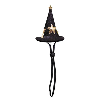 Halloween witch and wizard hat costume for cats and small dogs with adjustable strap for a magical look.