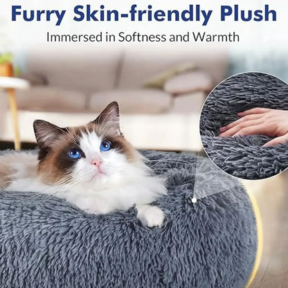Ultra-soft round plush pet bed for cats and dogs, winter-ready with long plush fabric and non-slip base, available in sizes from 40cm to 90cm.